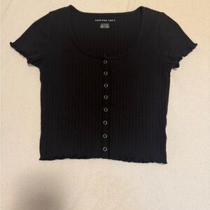 American Eagle Black Ribbed Button-Down Top